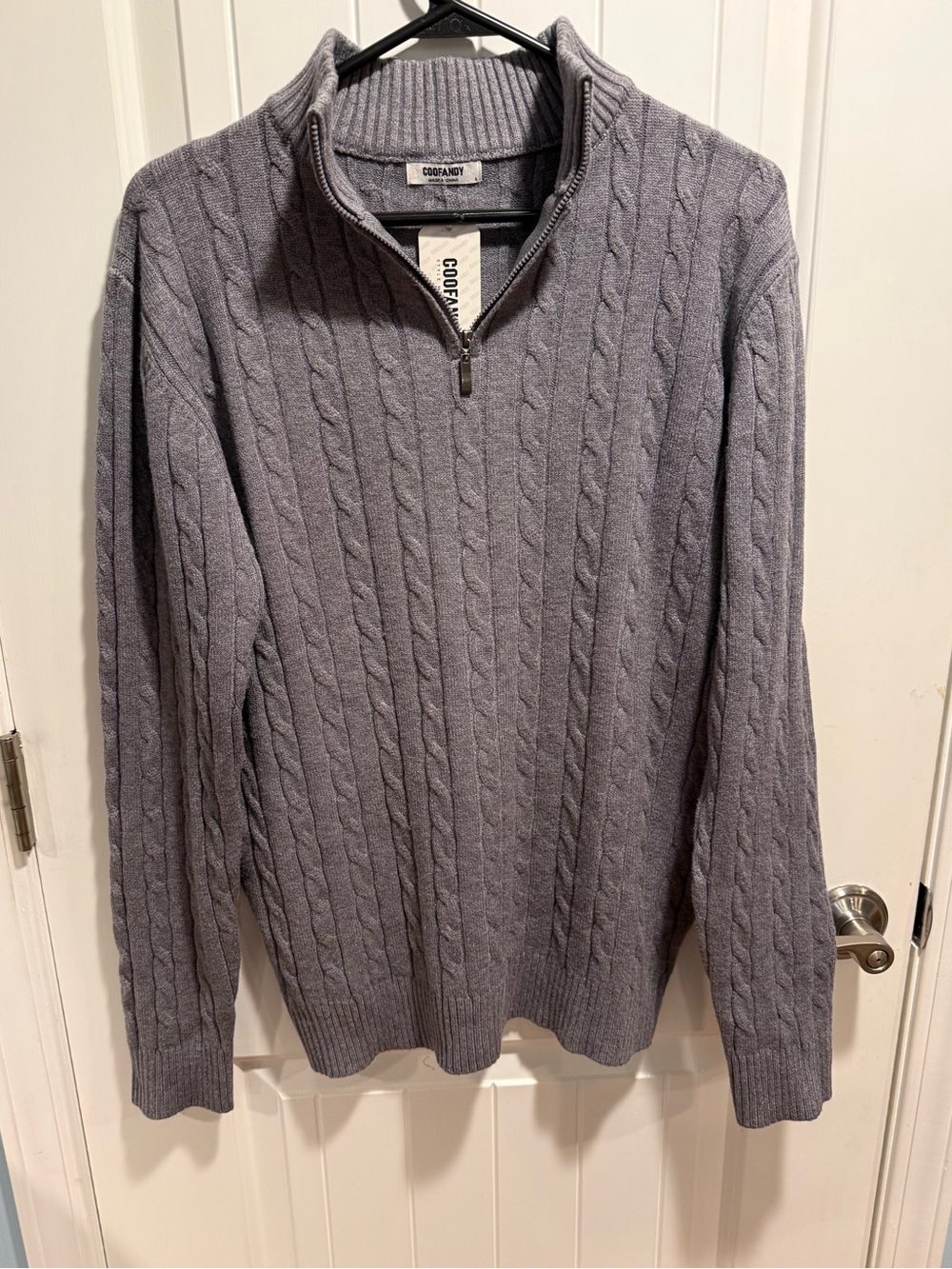 Coofandy Cable Knit Gray Quarter Zip Sweater, Men's Sz L